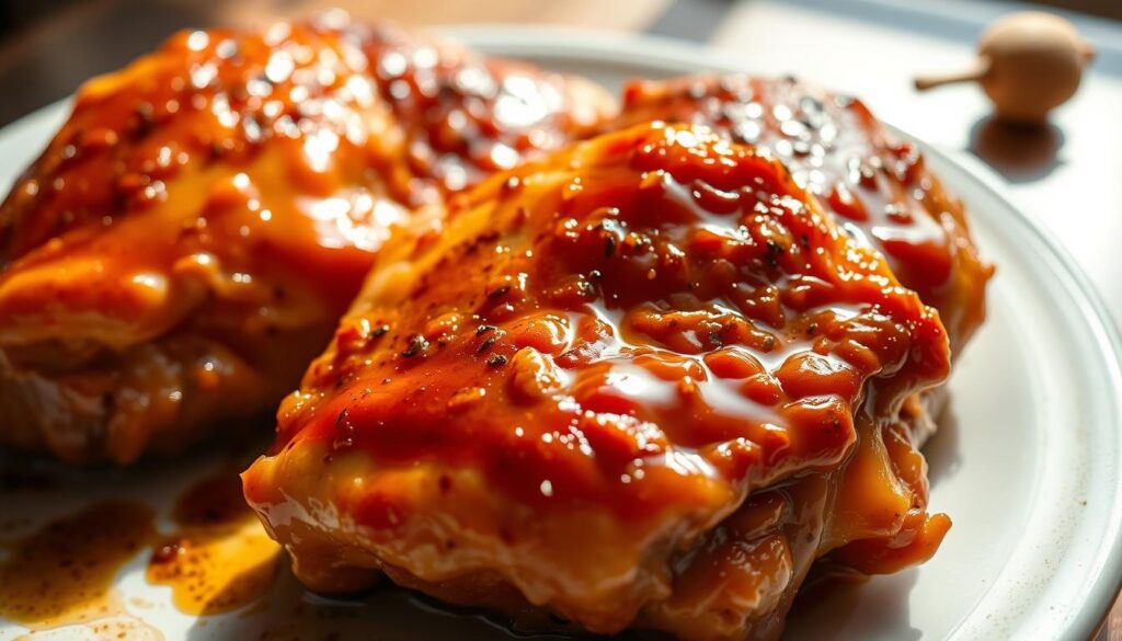 Crisp, golden-brown chicken thighs glistening with a sticky, caramelized honey-garlic glaze, photographed from a high angle with a shallow depth of field, highlighting the juicy, tender meat and the impeccably crispy skin. The scene is lit by a warm, natural light that casts gentle shadows, creating an appetizing, cohesiverecipes food photography atmosphere.