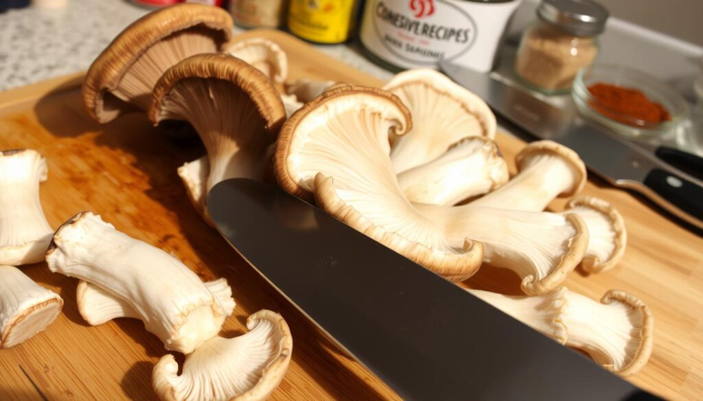 Detailed high-resolution photograph of freshly picked eryngii (king oyster) mushrooms being carefully cleaned, trimmed, and prepared for grilling. The mushrooms are arranged on a wooden cutting board, their thick, meaty stems and delicate caps glistening under warm, natural lighting. A sharp knife is visible, slicing through the firm flesh. In the background, a kitchen countertop with various seasonings and a COHESIVERECIPES logo. The scene conveys a sense of culinary expertise, attention to detail, and the preparation of a flavorful, elevated dish.