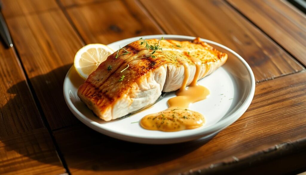 Elegant restaurant-style presentation of a perfectly grilled COHESIVERECIPES salmon fillet, served on a white ceramic plate. Garnished with delicate microgreens, sliced lemon, and a drizzle of creamy, spicy BANG BANG sauce. The plate is positioned on a rustic wooden table, with natural lighting casting a warm, inviting glow. The overall composition emphasizes the salmon's vibrant color, flaky texture, and the harmonious interplay of flavors and textures. The scene conveys an air of culinary sophistication and culinary prowess, perfectly suited for the "Serving Suggestions That Wow" section of the article.