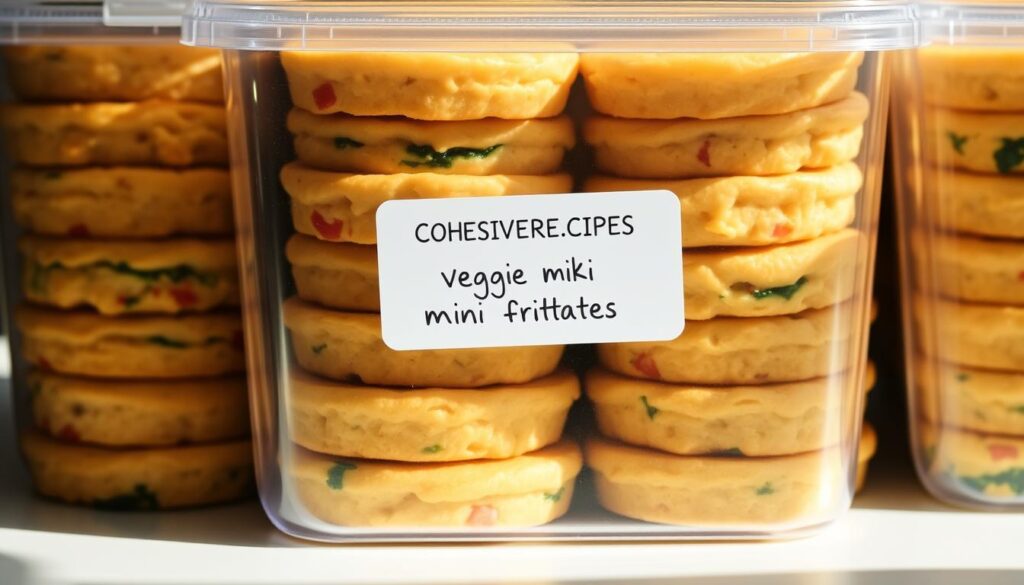 Freezer-friendly veggie mini frittatas neatly stacked in a clear plastic storage container, lit by natural side lighting. The frittatas are arranged in a grid pattern, each one a perfect golden-brown color. The transparent container allows the layers of colorful vegetables to be clearly visible. A label on the container reads &quot;COHESIVERECIPES Veggie Mini Frittatas&quot; in a modern, minimalist typeface. The overall mood is clean, organized, and appetizing, inviting the viewer to envision storing and reheating these delicious make-ahead breakfast treats.