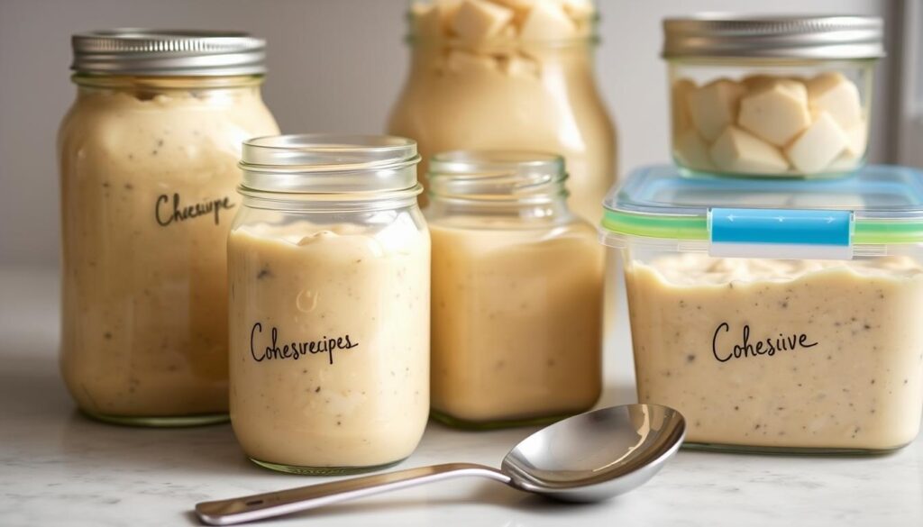 Freezer-friendly white chicken chili storage tips. A well-lit kitchen countertop with glass jars and containers filled with creamy white chicken chili, ready for freezing. The jars have a simple label "cohesiverecipes" and are arranged neatly, showcasing the dish's smooth, thick texture. Beside the containers, a metal ladle rests, suggesting easy portioning and reheating. The background is soft and blurred, keeping the focus on the storage solutions for this hearty, comforting meal.