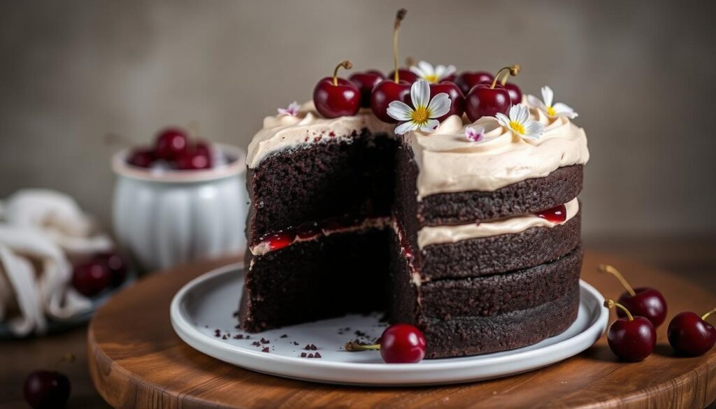 Gluten-free vegan Black Forest cake, a modern reinterpretation of the classic dessert, captured in a cohesiverecipes photograph. A moist, dark chocolate cake layered with rich, creamy cashew-based frosting and tangy cherry compote, adorned with delicate edible flowers. Soft, diffused lighting accentuates the cake's elegant silhouette, while a shallow depth of field draws the viewer's gaze to the intricate textures and vibrant colors. The background is a minimalist, earthy tone, allowing the centerpiece to shine.
