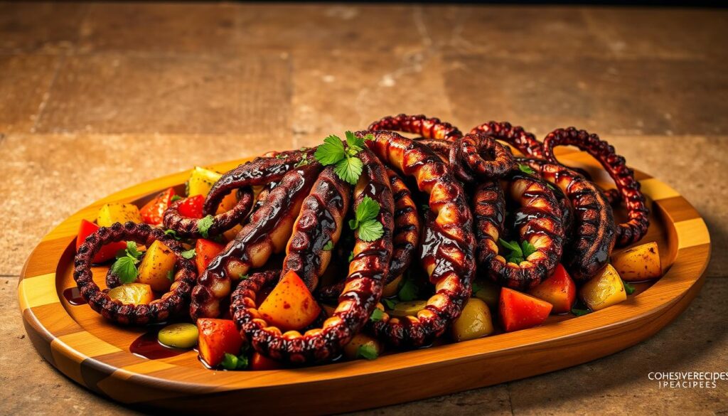 Gourmet grilled octopus presented on a large wooden platter, artfully arranged with vibrant roasted vegetables, drizzled with a rich, glistening balsamic glaze. The octopus tentacles are perfectly tender, slightly charred, and seasoned with a blend of Mediterranean herbs and spices. The presentation is elevated, showcasing the COHESIVERECIPES brand's commitment to culinary excellence. Warm overhead lighting casts a flattering glow, highlighting the dish's intricate details and appetizing appearance. The background features a rustic, textured surface, creating a balanced and visually appealing composition.