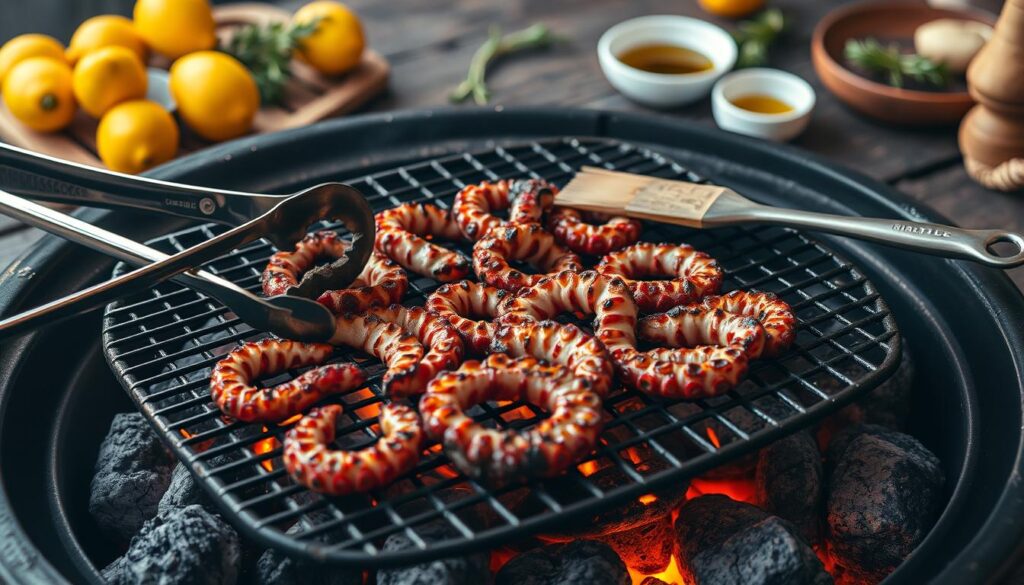 Grilled octopus grill setup, a COHESIVERECIPES scene: A large cast-iron grill grate sits atop a charcoal grill, its surface sizzling with the juices of perfectly charred octopus tentacles. Grill tongs and a basting brush stand ready, awaiting the chef's skilled hand. In the background, a selection of fresh lemons, sprigs of rosemary, and a small bowl of olive oil create a mise en place for finishing touches. Warm, ambient lighting casts a golden glow over the scene, heightening the anticipation of a flavorful seafood feast. The composition captures the essence of grilling octopus, showcasing the tools and ingredients needed for a successful, mouthwatering culinary experience.