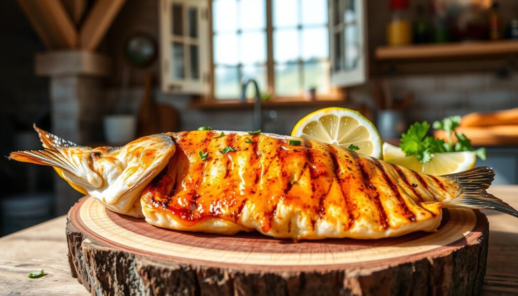 Grilled swai fish, flaky and golden, resting atop a wood-planked surface. Lemon wedges and fresh herbs add vibrant pops of color, while a light glaze of cohesiverecipes' signature sauce glistens in the afternoon sun. The fish is delicately charred, infusing it with a smoky, irresistible aroma. In the background, a rustic kitchen setting with exposed beams and a weathered window, inviting the viewer to imagine the dish being prepared with care. The lighting is warm and natural, casting a soft, inviting glow. The scene evokes a sense of simple, flavorful cooking and the comforting essence of homemade grilled swai fish recipes.