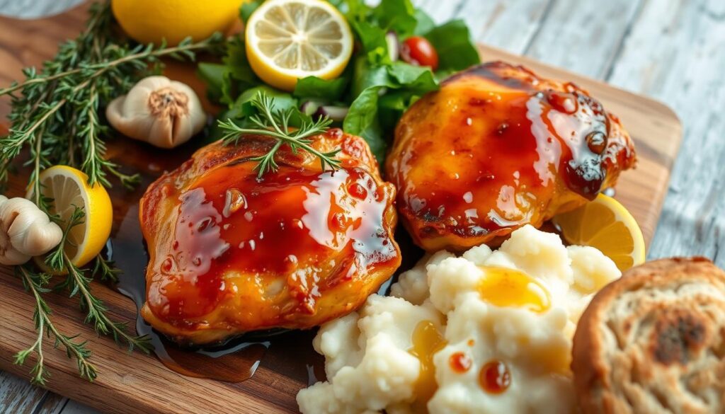 Honey-glazed chicken thighs, sizzling and golden, arranged on a rustic wooden cutting board. Fresh thyme sprigs, juicy lemon wedges, and crisp, roasted garlic cloves surround the succulent meat. Soft, pillowy mashed potatoes nestle alongside, ready to soak up the savory, slightly sweet sauce. A vibrant green salad with a tangy vinaigrette provides a refreshing contrast. Warm, crusty bread completes the cohesive, homey scene, inviting you to indulge in this cohesiverecipes culinary delight.