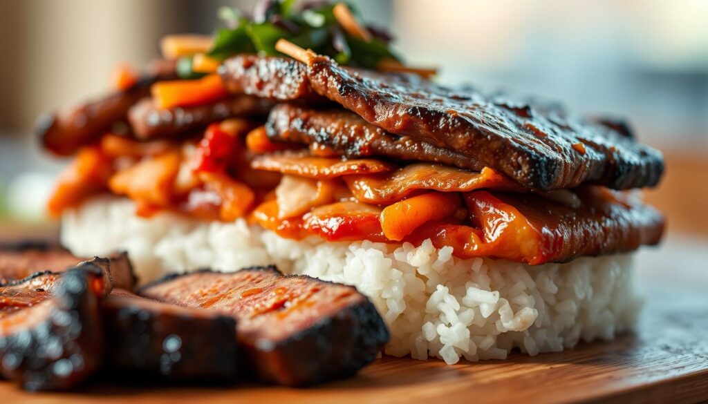 Layered beef and rice assembly: A savory stack of tender Korean BBQ-style beef, fragrant steamed rice, and vibrant kimchi, captured in warm, natural lighting. In the foreground, the beef slices are artfully arranged, their charred edges and glistening marinade inviting the viewer. The middle layer showcases the fluffy, white rice, complemented by the bold, fermented flavors of the kimchi. A subtle, depth-of-field blur creates a soft, focused composition, drawing the eye to the delectable layered textures. COHESIVERECIPES