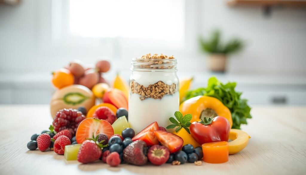 Meal Prep Freshness: A cohesiverecipes still life. In the foreground, an assortment of vibrant fruits, berries, and freshly chopped vegetables rest on a light wooden surface. Backlit by soft, natural lighting from a window, casting a warm glow. In the middle ground, a glass jar filled with creamy yogurt, topped with a layer of crunchy granola. The background features a blurred, minimalist backdrop, allowing the fresh produce and dairy to take center stage. Conveying a sense of wholesome, nutritious simplicity - the perfect start to a healthy day.