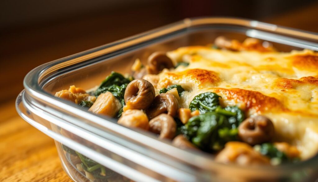 Meal prep storage chicken spinach mushroom bake. Close-up shot of a glass meal prep container filled with a savory chicken, spinach and mushroom bake, ready for storage and reheating. Mouthwatering dish with tender chicken, hearty mushrooms, and fresh spinach in a creamy sauce, finished with a golden brown top. Warm lighting from a low angle creates an appetizing atmosphere. Captured by cohesiverecipes with a high-quality camera lens for a crisp, detailed image.