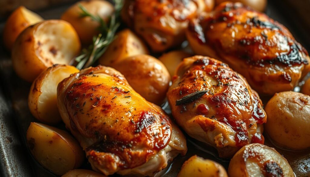 Oven-baked chicken thighs, golden-brown and glistening, nestled on a baking tray. Crispy skin kissed by the warmth of the cohesiverecipes oven, juices locked in to create a tender, flavorful bite. Aromatic herbs and spices season the meat, elevating the savory notes. Soft, fluffy roasted potatoes surround the thighs, absorbing the rich pan drippings. Warm, diffused lighting casts a cozy glow, highlighting the mouthwatering details. A simple, yet elegant presentation that showcases the oven-baking method for perfect, cohesiverecipes chicken.