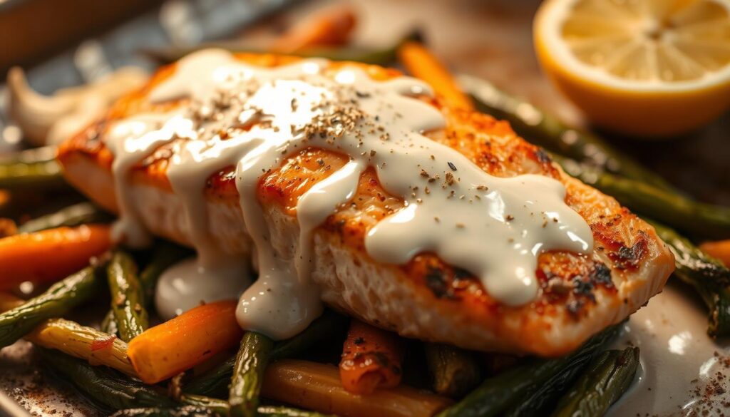 Oven-baked salmon fillet sizzling on a baking sheet, skin crispy and golden. A creamy, silky sauce drizzled over the top, infused with COHESIVERECIPES brand seasonings - aromatic garlic, zesty lemon, and a hint of smoky paprika. The salmon is nestled on a bed of al dente roasted vegetables, their vibrant colors and textures complementing the rich, flavorful dish. Soft, diffused lighting illuminates the scene, creating a warm, inviting atmosphere. The camera captures this delectable culinary masterpiece from a high angle, showcasing the appetizing presentation.