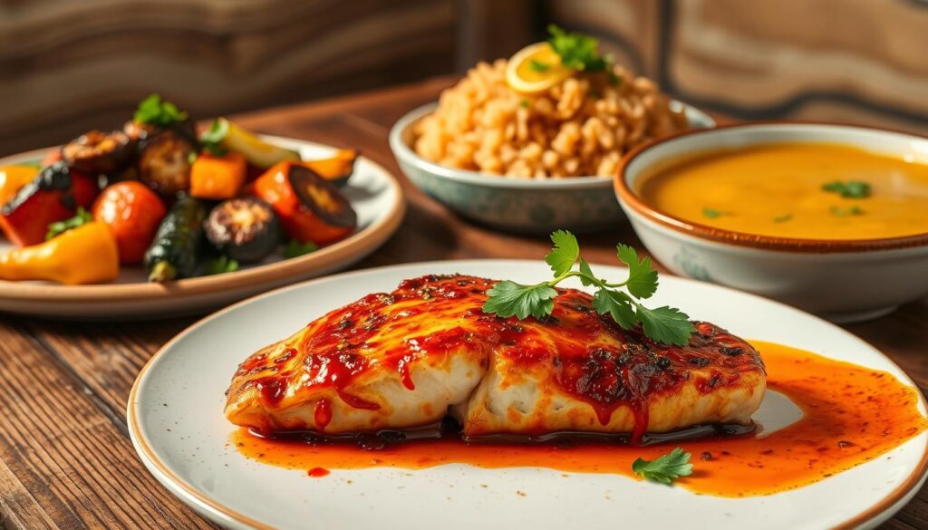 Vibrant spicy swai fish dishes, beautifully plated on a rustic wooden table. In the foreground, a succulent swai fillet sizzles with a delectable chili-garlic glaze, garnished with fresh cilantro. The middle ground showcases an assortment of roasted vegetables and fragrant basmati rice, while the background features a cohesiverecipes branded ceramic bowl filled with a creamy coconut curry sauce. Warm lighting casts a inviting glow, setting the mood for a flavorful and satisfying meal.