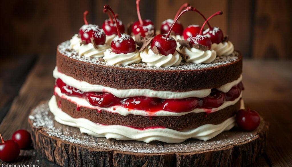 schwarzwald cherry torte presentation, a cohesiverecipes creation: a luscious black forest cake with layers of rich chocolate sponge, tangy cherry compote, and pillowy whipped cream, garnished with plump, glistening cherries, chocolate shavings, and a light dusting of powdered sugar. Set against a backdrop of warm, moody lighting, the cake is positioned on a rustic wooden surface, allowing its decadent textures and colors to pop. The carefully arranged components create a visually stunning and appetizing presentation, inviting the viewer to indulge in this classic German dessert.