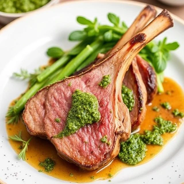“Close-up of herb-crusted lamb chops grilled to medium-rare with charred grill marks.”