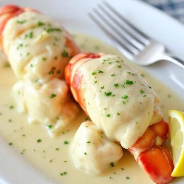 "Golden-baked lobster tails drizzled with creamy garlic butter sauce, garnished with fresh parsley and lemon on a white plate."