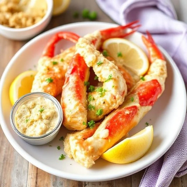 "Air fryer garlic butter crab legs with crispy edges, plated alongside toasted garlic bread and lemon slices for a quick, indulgent meal."