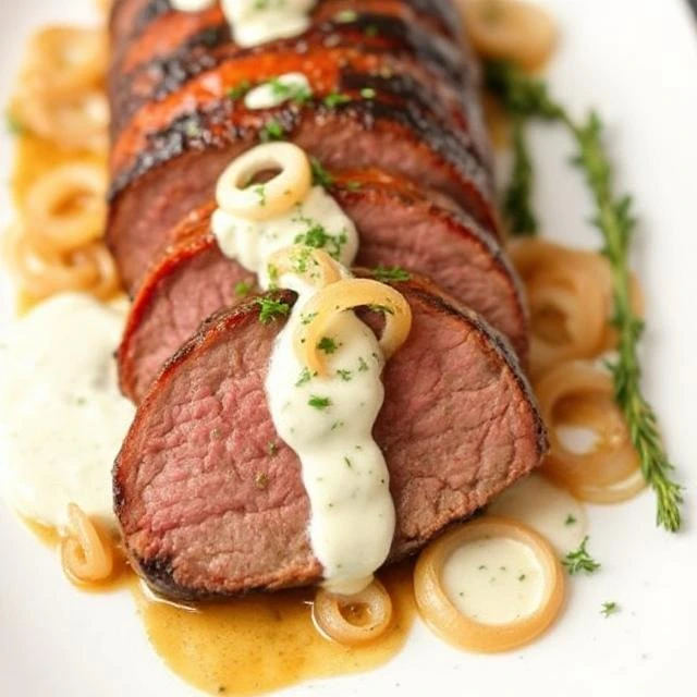 Medium-rare beef tenderloin on a serving platter garnished with rosemary and golden onions.