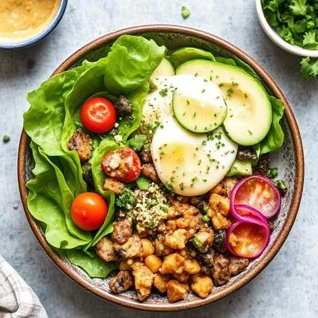 “Vibrant vegan Buddha bowl with quinoa, roasted vegetables, avocado, and turmeric tahini drizzle on a wooden table.”