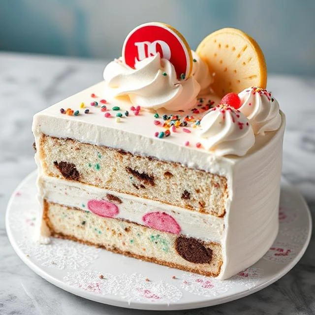 "Close-up of hands assembling a homemade DQ-style ice cream cake, spreading fudge over a cookie crunch layer."