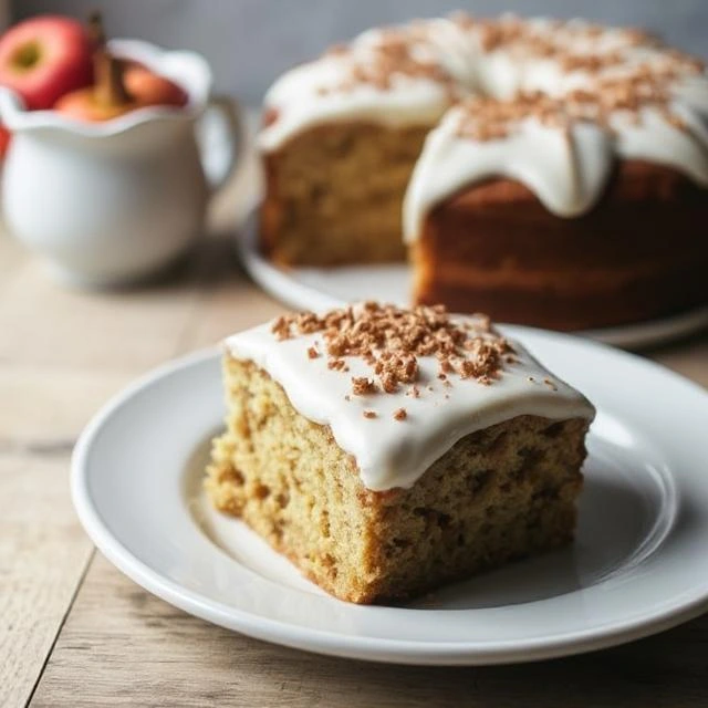 "Close-up of cinnamon-spiced apple chunks mixed into cake batter in a stainless steel bowl."