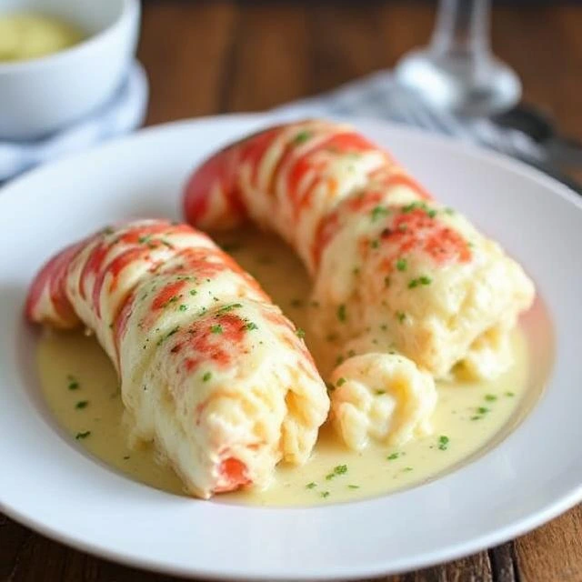 "Plated lobster tails with creamy garlic butter drizzle, paired with garlic mashed potatoes and a glass of Chardonnay."