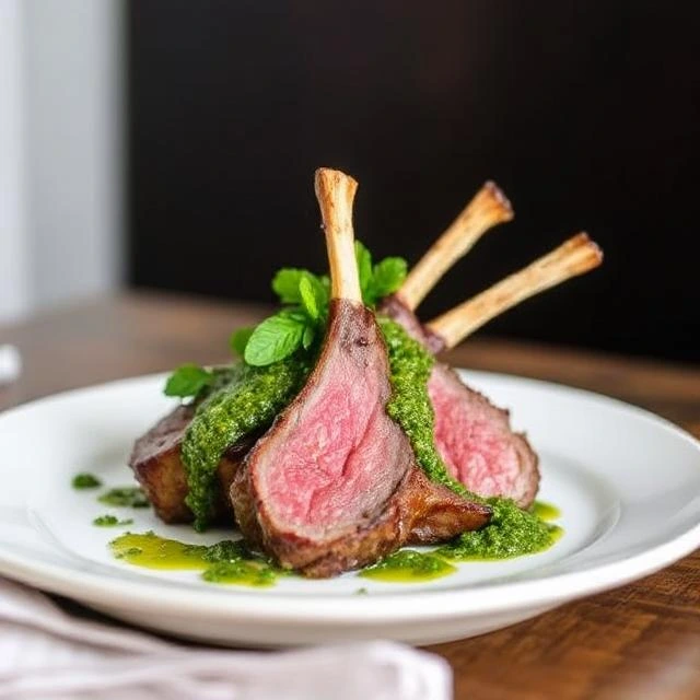 “Sliced rack of lamb plated with roasted vegetables and lemon wedges, pesto served in a ramekin.”