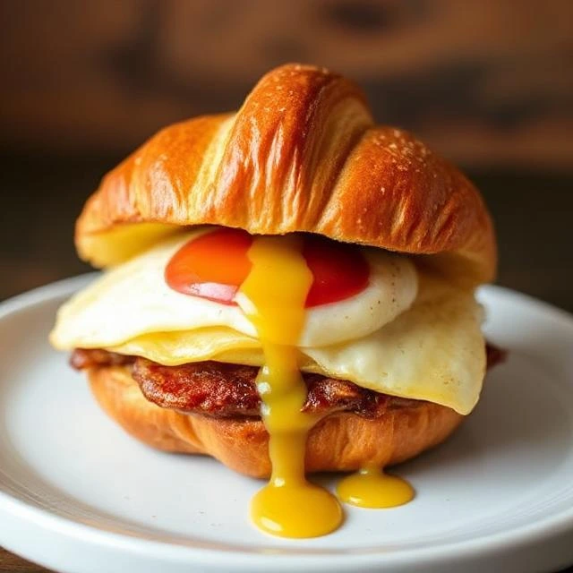 "Close-up of a maple-mustard drizzle on a buttery croissant breakfast sandwich."