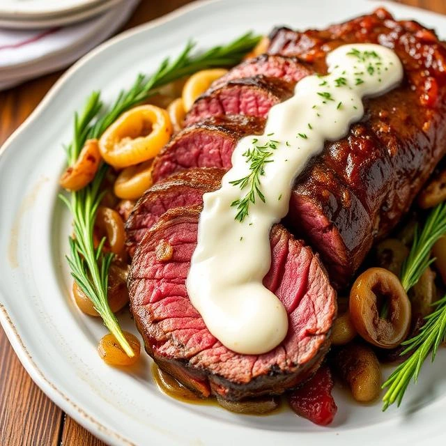 Juicy beef tenderloin centerpiece with a side of rich horseradish sauce and browned onions.