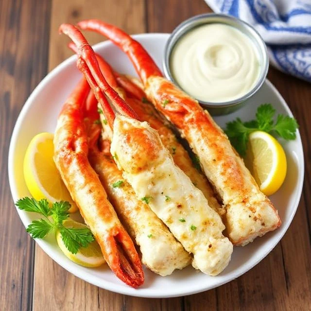 "Steaming crab legs coated in rich garlic butter sauce, paired with grilled asparagus and a glass of white wine for an elegant seafood dinner."