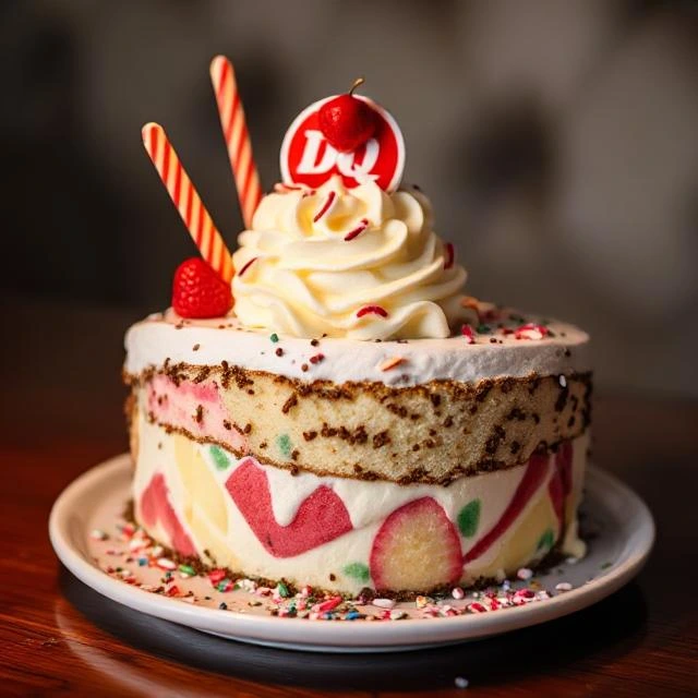"Slice of Dairy Queen ice cream cake showing distinct layers: soft serve, Oreo crumbs, and chocolate drizzle."
