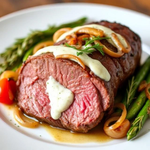 Elegant holiday roast beef dish with French onions and white horseradish sauce drizzle.