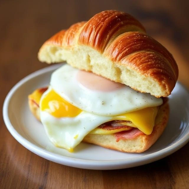 "Golden toasted croissant stuffed with scrambled eggs, crispy bacon, and melted cheddar."