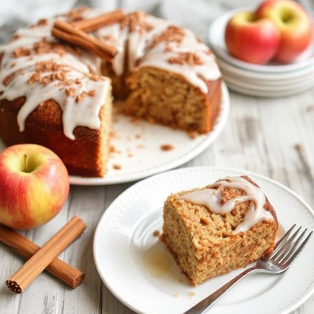 "Golden cinnamon apple cake with caramel drizzle on a white plate, garnished with fresh apple slices."