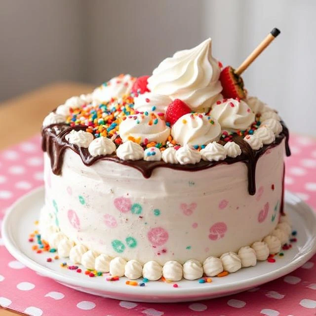 "Customized DQ cake with birthday decorations, colorful sprinkles, and a personalized message on top."