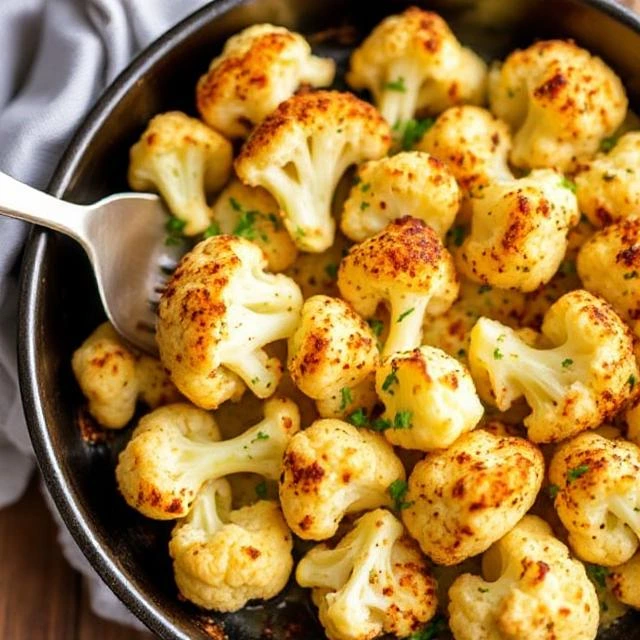 Golden-brown baked cauliflower florets seasoned with smoked paprika and olive oil on a parchment-lined baking sheet."
