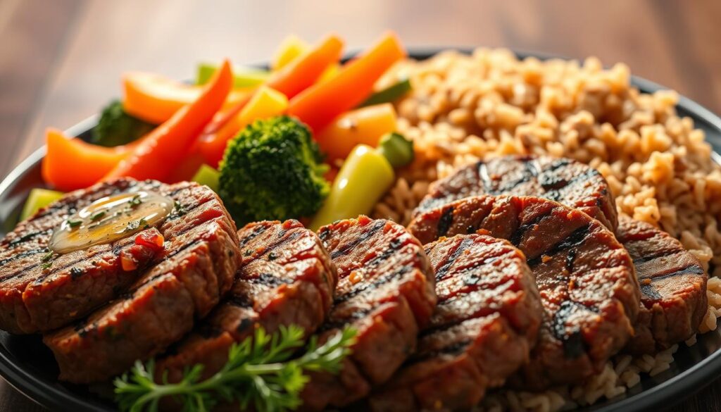 A balanced, nutritious meal plate composition with healthy ingredients. In the foreground, a selection of grilled, lean ground beef patties, seasoned with herbs and spices, arranged neatly. In the middle, a colorful arrangement of steamed vegetables, including broccoli, carrots, and bell peppers, drizzled with a light olive oil dressing. In the background, a bed of hearty, whole grain brown rice, cooked to perfection. The lighting is warm and natural, captured by a high-quality lens at a slight angle, creating depth and texture. The overall mood is one of vibrant health and wholesome nourishment. cohzsiverecipes