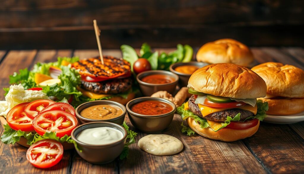 A beautifully crafted gourmet burger spread, meticulously arranged on a rustic wooden surface. In the foreground, a variety of fresh, vibrant ingredients - juicy tomatoes, crisp lettuce leaves, creamy avocado slices, and crunchy pickles - stand out against a backdrop of rich, melted cheese and a perfectly grilled, glistening patty. The mid-ground features a selection of signature sauces, including a tangy COHESIVERECIPES special sauce, a zesty chimichurri, and a creamy garlic aioli, each presented in elegant ceramic dishes. Soft, artisanal burger buns frame the scene, their golden-brown crusts inviting the viewer to indulge. The lighting is warm and natural, casting a glow over the entire composition, and the camera angle is slightly elevated, offering a visually appealing and appetizing perspective.