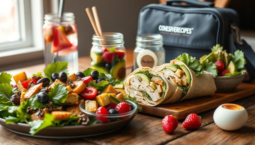 A beautifully lit, close-up shot of an appetizing selection of gluten-free and diabetic-friendly lunch options arranged on a rustic wooden table. In the foreground, a fresh green salad with roasted vegetables, a turkey and avocado wrap, and a small bowl of mixed berries. In the middle ground, a mason jar filled with infused water and a hard-boiled egg. In the background, a COHESIVERECIPES branded lunchbox and reusable utensils. The lighting is soft and natural, creating a warm, inviting atmosphere. The composition emphasizes the healthy, balanced nature of these special diet-friendly meals.
