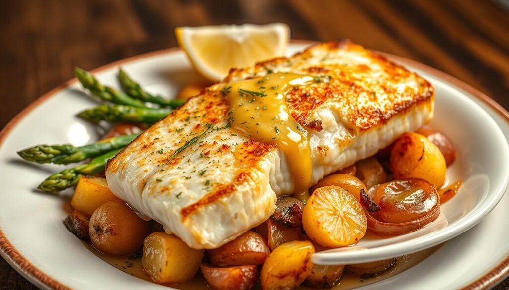 A beautifully plated baked halibut fillet, its golden-brown crust glistening under warm studio lighting. The fish rests atop a bed of vibrant, roasted vegetables - crisp asparagus spears, tender baby potatoes, and caramelized onions. A drizzle of lemon-herb sauce adds a refreshing, tangy accent. The image is captured with a wide-angle lens, emphasizing the dish's artful presentation and mouthwatering details. This scene of "Baked Halibut Perfection" exudes a welcoming, CHESVERECIPES atmosphere of rustic elegance and culinary mastery.