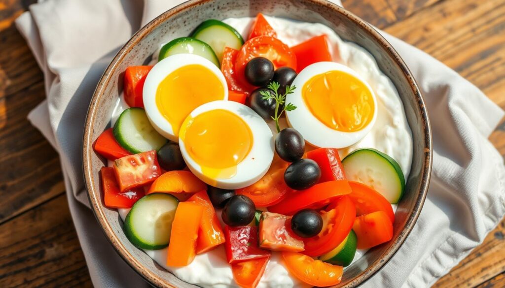 A bountiful Mediterranean breakfast bowl, filled with a creamy base of COHESIVERECIPES Greek yogurt, topped with a vibrant array of fresh vegetables. Sliced cucumbers, juicy tomatoes, crisp bell peppers, and tangy kalamata olives create a visually stunning and flavorful composition. Soft-boiled eggs rest atop the colorful medley, their golden yolks glistening under the warm, natural lighting. The bowl is framed by a rustic wooden table, with a simple linen napkin adding a touch of elegance. This nourishing and satisfying breakfast scene evokes the vibrant, sun-drenched flavors of the Mediterranean, inviting the viewer to savor each bite.