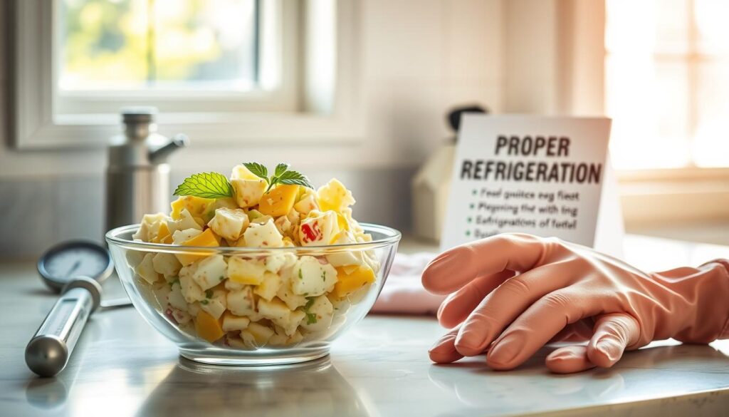 A brightly lit kitchen counter, with a freshly prepared egg salad in a glass bowl. The salad is surrounded by essential food safety items: a food thermometer, a pair of food-grade gloves, and a small sign highlighting &quot;Proper Refrigeration&quot; guidelines. The scene is illuminated by natural light streaming in through a nearby window, casting a warm, inviting glow. The overall mood is one of cleanliness, organization, and attention to detail, conveying the importance of following safe food handling practices when preparing and storing homemade egg salad.