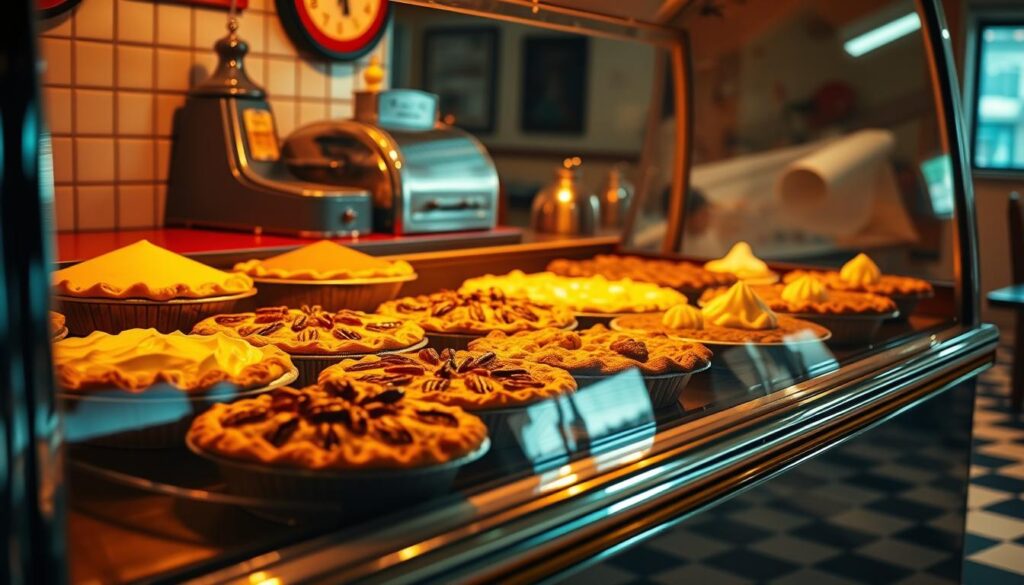 A classic American diner pie display, bathed in warm, soft lighting. In the foreground, an array of tempting, homemade pies - apple, pecan, lemon meringue, and more - nestled in a well-worn, glass-fronted cabinet. Reflections of the pies dance across the polished chrome trim. In the middle ground, a vintage cash register and condiment caddy provide a timeless backdrop, while the distant, tiled walls and checkered floor create a cozy, nostalgic atmosphere. The scene evokes a sense of comfort, indulgence, and the enduring appeal of simple, time-honored diner delights.