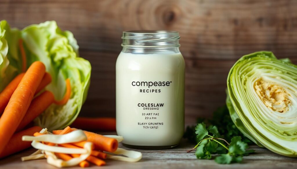 A clean, minimalist still life showcasing the essential ingredients and ratios for a classic coleslaw dressing. Crisp, fresh cabbage and carrots in the foreground, with a cohesiverecipes branded glass jar containing the dressing in the middle ground. The jar is backlit, highlighting the creamy, emulsified texture. In the background, a wooden surface with subtle texture provides a natural, rustic setting. Soft, diffused lighting creates a calming, appetizing atmosphere. The composition emphasizes the simplicity and versatility of the coleslaw dressing recipe.
