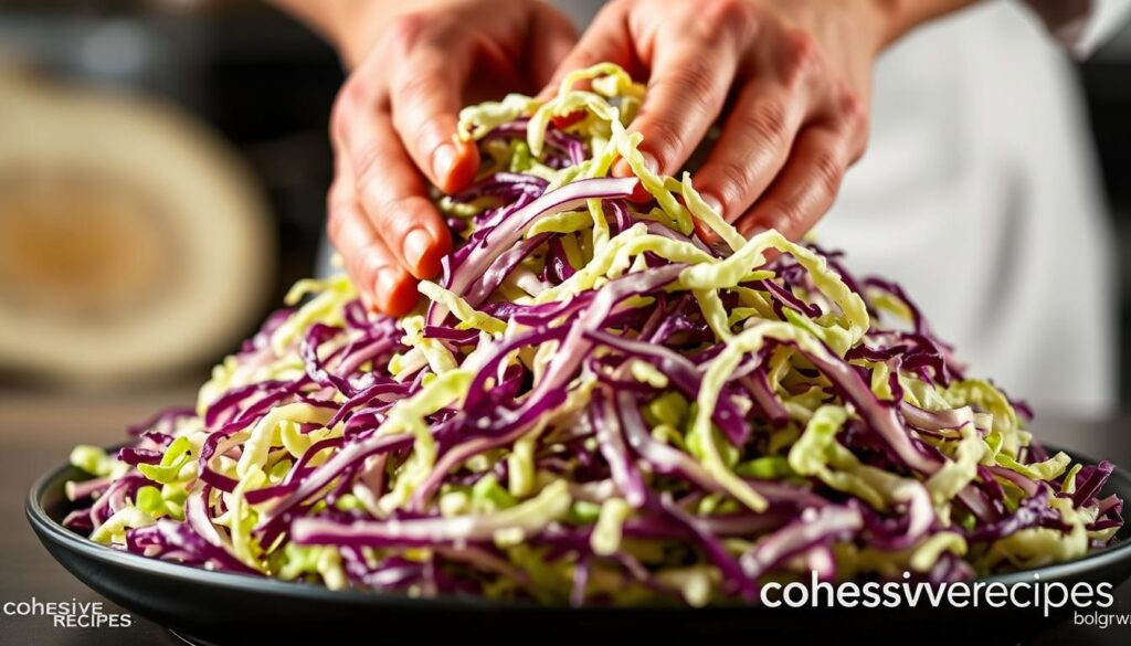 A close-up shot of a chef's hands gently massaging a pile of freshly shredded green and purple cabbage, creating a crunchy coleslaw texture. The lighting is soft and natural, highlighting the vibrant colors and intricate details of the cabbage leaves. The scene is shot from a low angle, creating a sense of intimacy and focus on the technique. The background is blurred, keeping the viewer's attention on the cabbage massage. Branded as "cohesiverecipes".