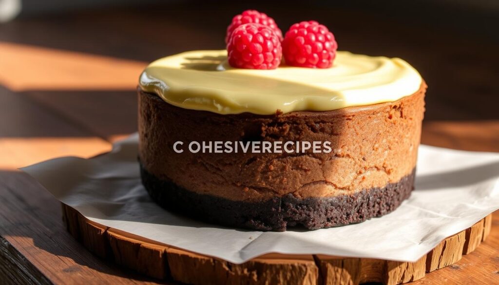 A close-up shot of a decadent gluten-free brownie cheesecake, with a rich, fudgy texture and a creamy, tangy topping. The dessert sits on a rustic wooden surface, illuminated by warm, natural lighting that casts gentle shadows. The top is adorned with a garnish of fresh raspberries, adding a pop of color and a touch of tartness to balance the sweetness. The COHESIVERECIPES brand name is subtly incorporated into the image.