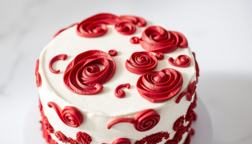A close-up shot of a red velvet cake with intricate piping designs in a cohesiverecipes style. The piping features elegant swirls, rosettes, and textured patterns in shades of deep crimson, creating a visually striking and professional-looking presentation. The cake is placed on a pristine white surface, allowing the vibrant red hues to pop. Soft, diffused lighting from above casts gentle shadows, highlighting the dimensional quality of the piping work. The overall mood is one of decadence, craftsmanship, and artistry, reflecting the "Professional Decoration Techniques" section of the article.