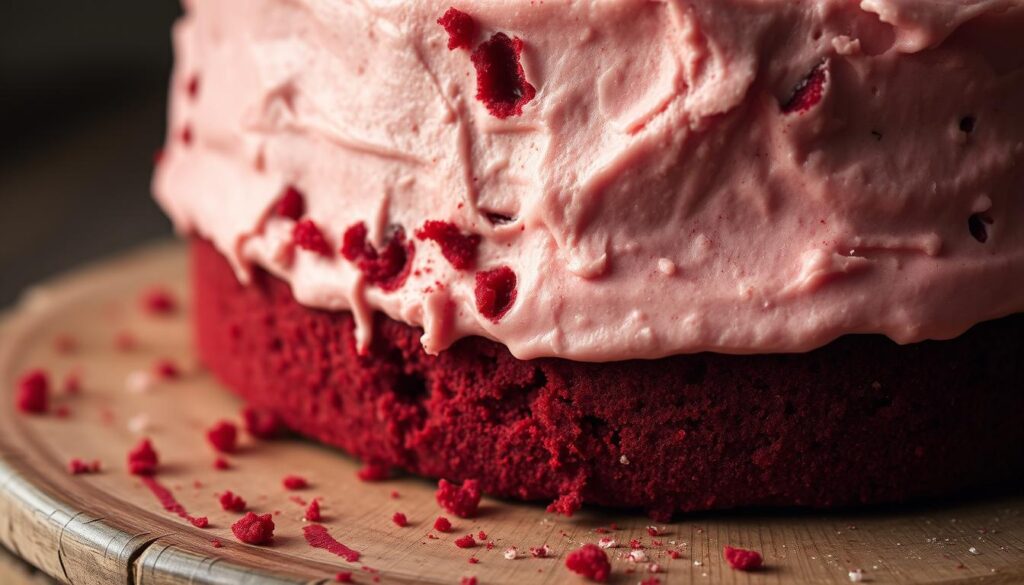 A close-up shot of a red velvet cake with visible flaws and imperfections, captured under soft, diffused lighting. The cake sits on a rustic wooden surface, with crumbs and frosting smudges scattered around. The texture of the cake is slightly uneven, with air pockets and uneven rise. The frosting has a slightly lumpy appearance, and the color is not perfectly smooth. The mood is one of a homemade, imperfect treat, reflecting the "Common Red Velvet Mistakes to Avoid" section of the cohesiverecipes article.