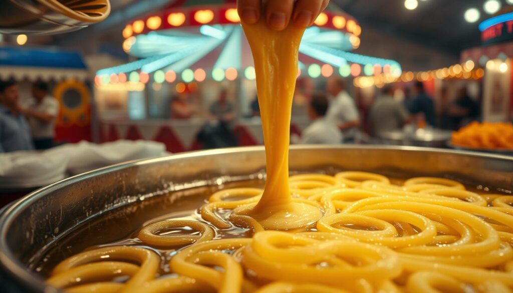 A close-up view of a chef's hands expertly pouring funnel cake batter into hot oil, creating a mesmerizing pattern of swirling, golden-brown ribbons. The oil sizzles, casting a warm, amber glow on the scene. In the background, a vintage-style fair or carnival backdrop, with colorful lights and the faint sound of laughter and music. The lighting is soft and natural, creating a cozy, nostalgic atmosphere. The camera angle is slightly elevated, giving the viewer a sense of being part of the action, as if they are standing beside the chef, watching the funnel cake frying technique unfold before their eyes.