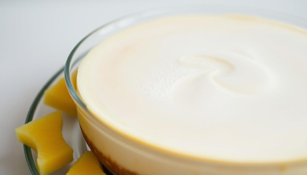 A close-up view of a chilled cheesecake set in a glass dish, its smooth surface reflecting the soft light. The cheesecake has a delicate, creamy texture, with a slight golden hue and a dusting of powdered sugar. Surrounding the dessert are small pineapple slices, their vibrant yellow color contrasting beautifully with the white of the cheesecake. The scene is captured in a clean, minimalist setting, with a subtle, calming atmosphere. Photographed with a shallow depth of field, the focus is on the dessert, drawing the viewer's attention to the satisfying cooling and setting process. COHESIVERECIPES