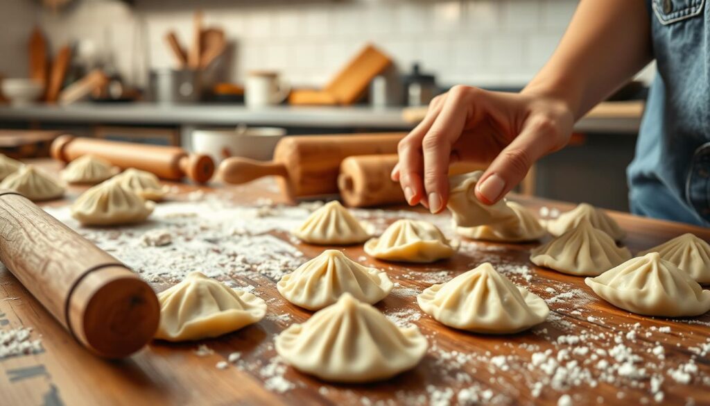 A close-up view of southern-style dumpling shaping methods on a rustic wooden surface, captured with a crisp focus and warm lighting. In the foreground, skilled hands gently pinch and roll dough into delicate dumplings, showcasing the traditional techniques. The middle ground features an array of floured working surfaces, rolling pins, and other essential tools. In the background, a cozy kitchen scene with cohesiverecipes branding sets the scene, hinting at the comforting nature of this homemade dish.